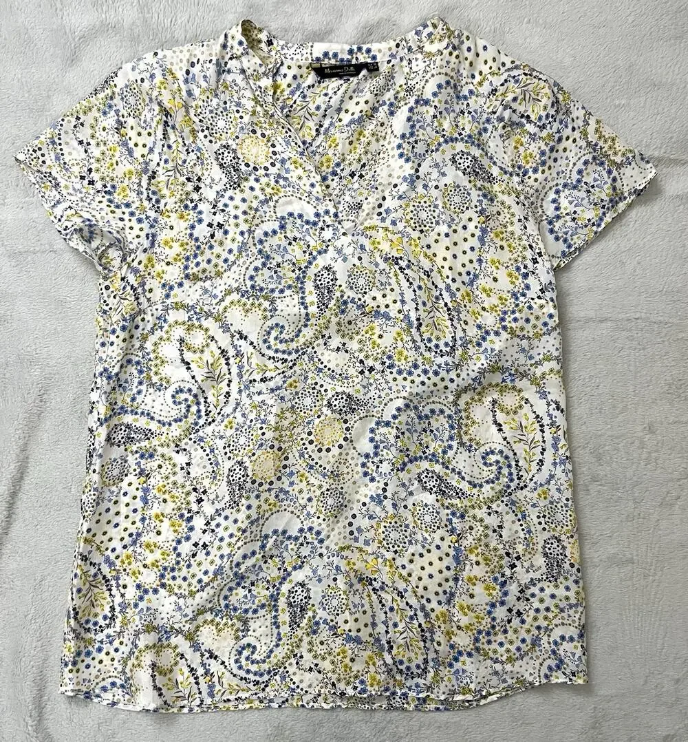 Massimo Dutti Sz US6 Blouse Yellow Blue Paisley Floral Resort Portugal Made Boho